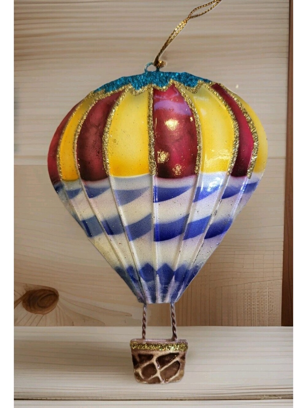 Vtg Glitter Metal 2 Sided Hot Air Balloon EUC Christmas Tree Ornament 5"H A63